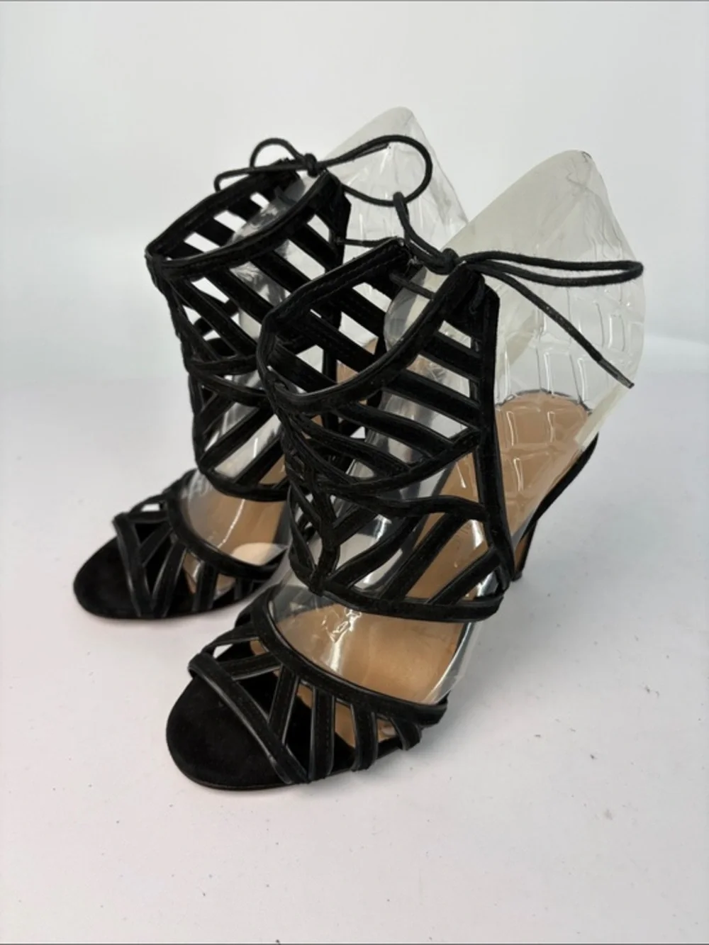 🌪️ Banana Republic leather and suede cage Black Strappy Lace-Up Heeled Sandals